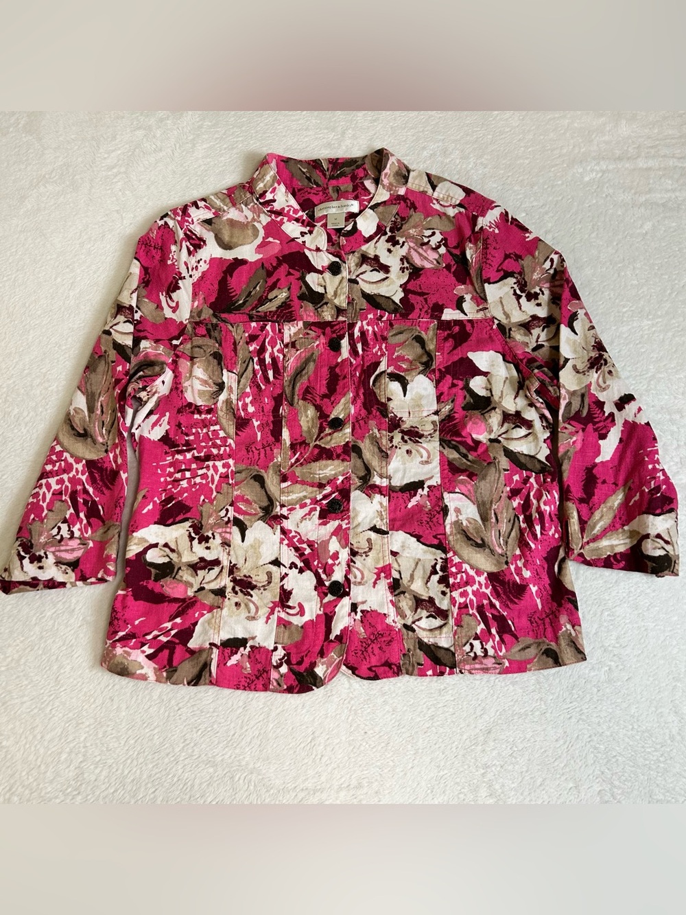 Christopher Banks Women's Jacket Medium Pink Floral Linen Blend 3/4 Sleeve
